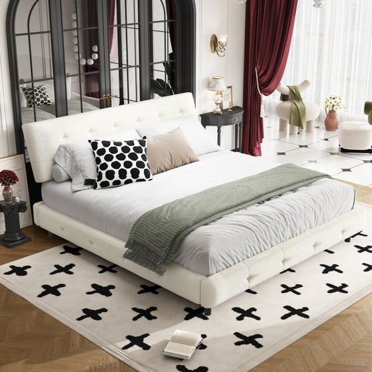 King Size Bed Frame,Tufted Headboard with Extra-Large Ultra-Soft Cloud Pillow Design,Chenille Platform Bed with Metal and Wooden Slats Double Support,Solid and Stable,Noise-Free,Beige/White