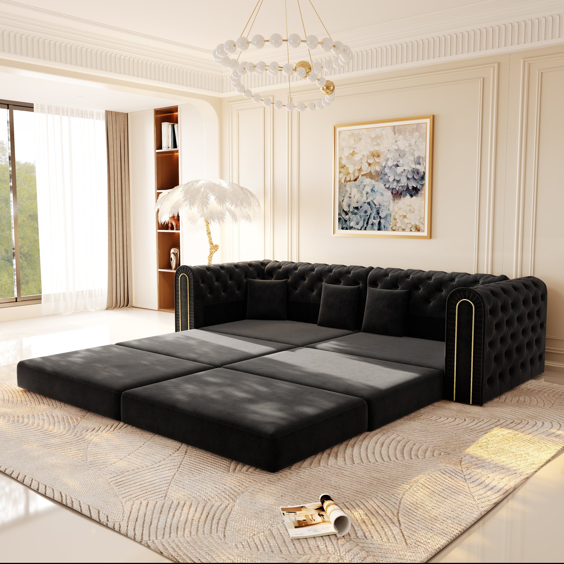 Black Velvet 3-Seat Sofa Bed - King Size for Living Room
