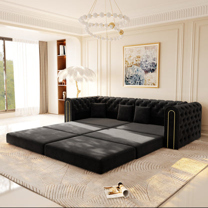 Black Velvet 3-Seat Sofa Bed - King Size for Living Room