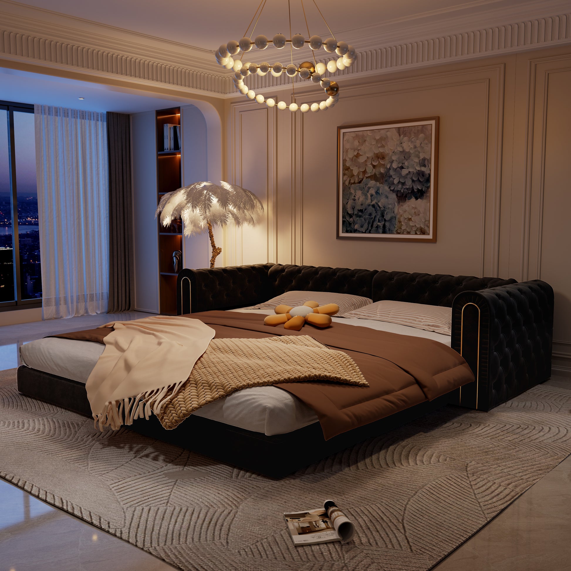 Black Velvet 3-Seat Sofa Bed - King Size for Living Room