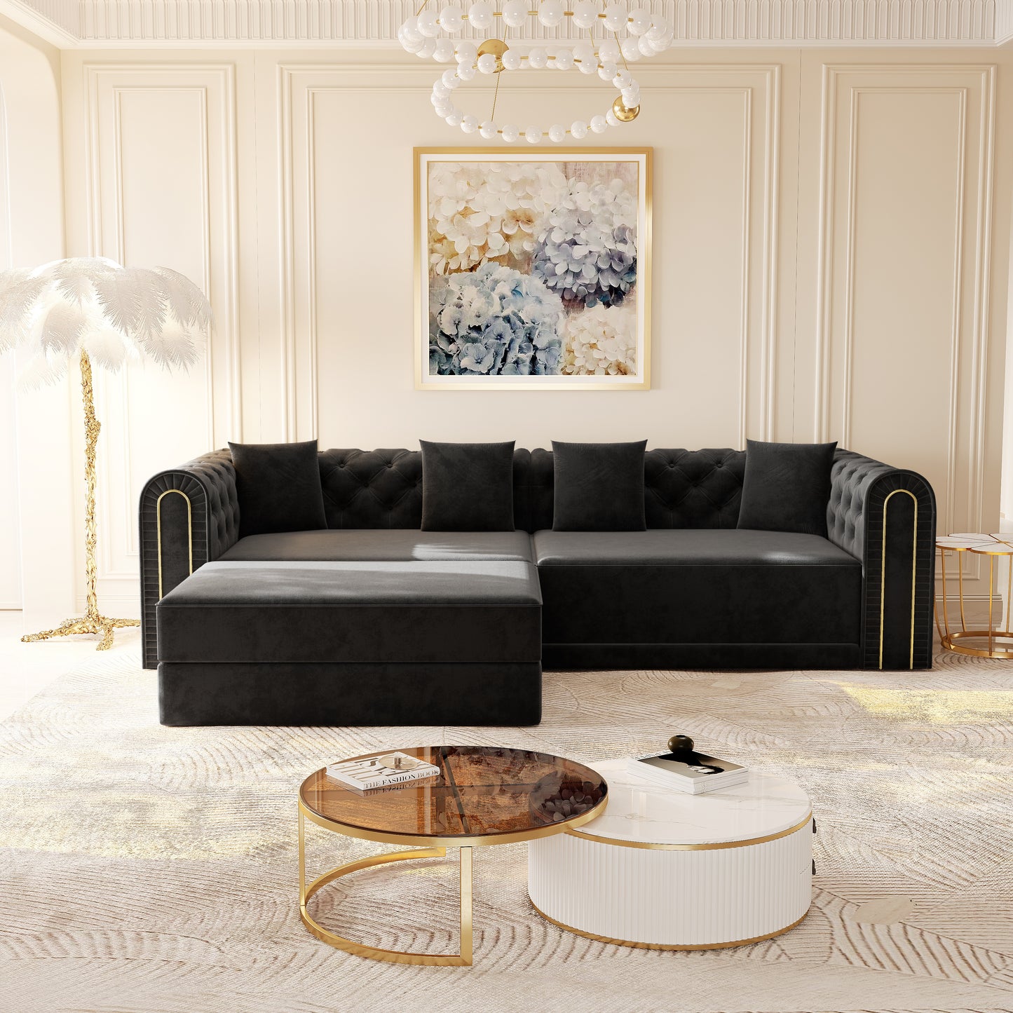 Black Velvet 3-Seat Sofa Bed - King Size for Living Room