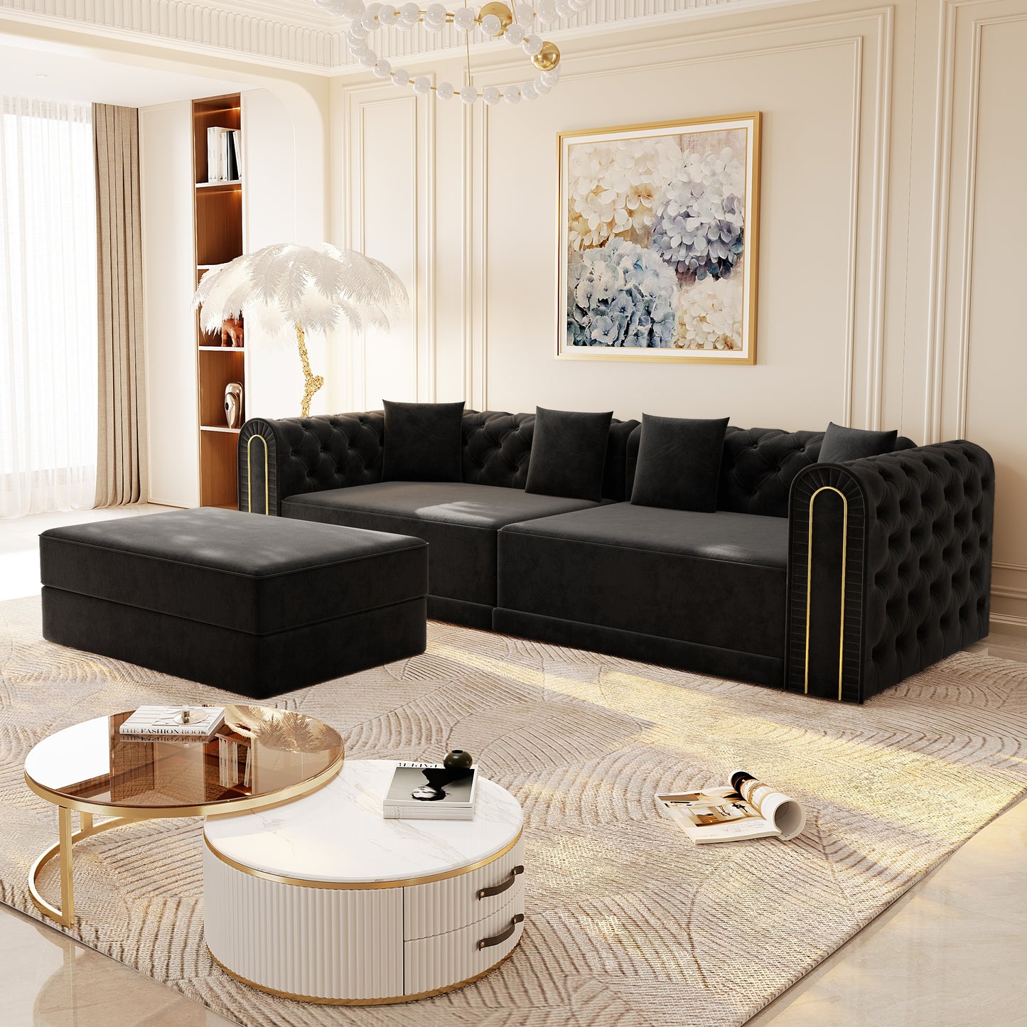 Black Velvet 3-Seat Sofa Bed - King Size for Living Room