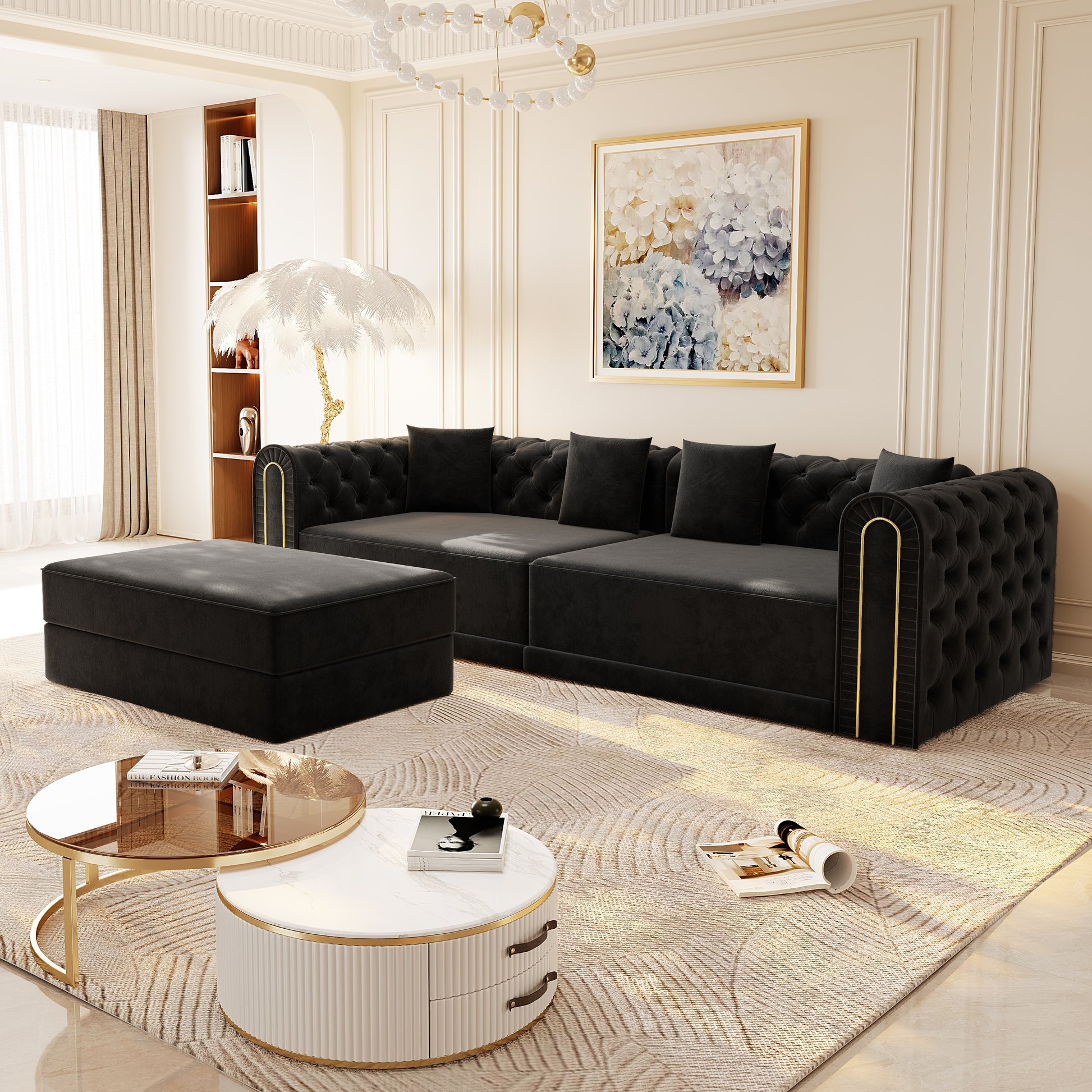 Black Velvet 3-Seat Sofa Bed - King Size for Living Room