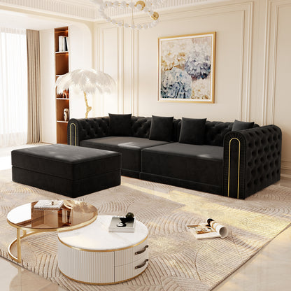 Black Velvet 3-Seat Sofa Bed - King Size for Living Room