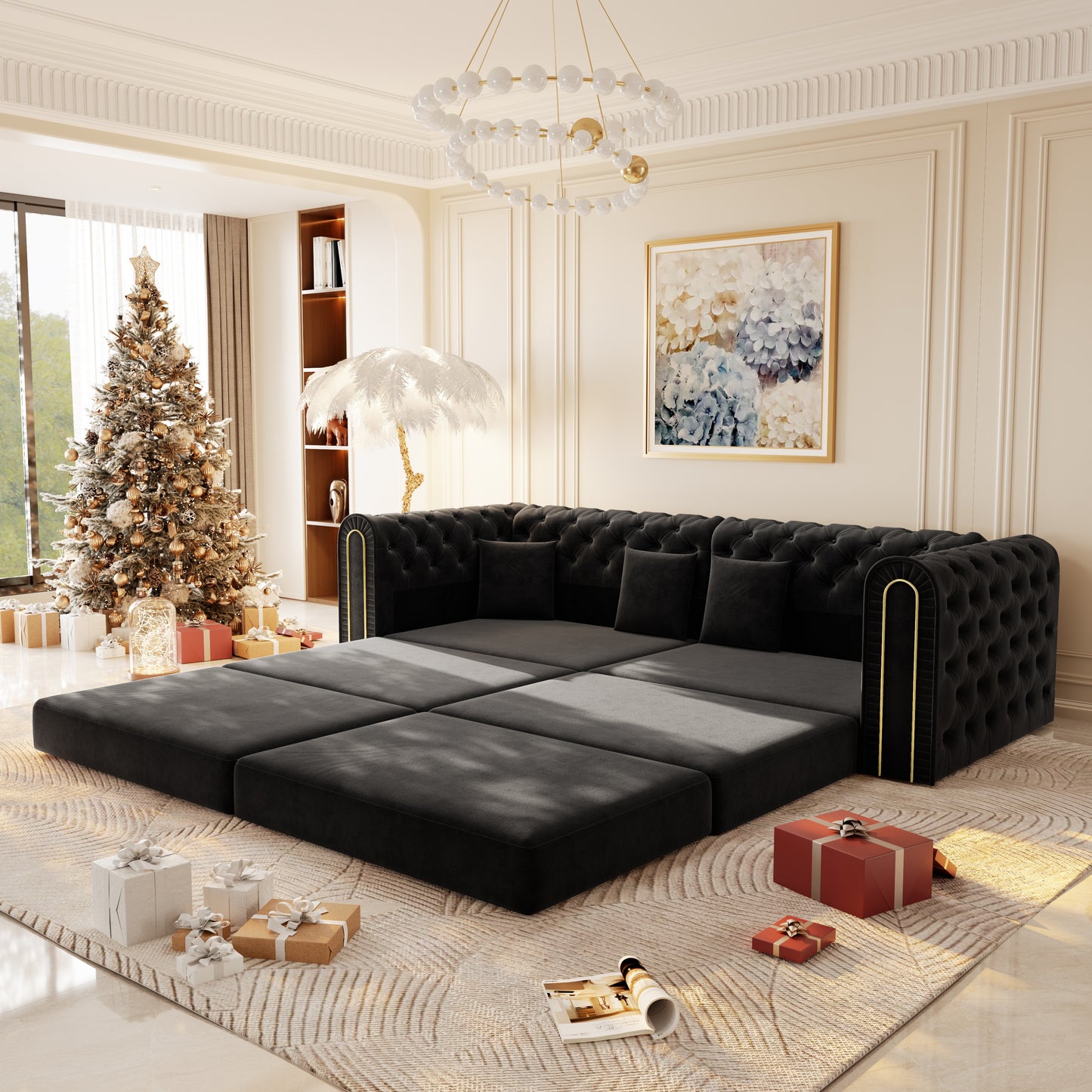 Black Velvet 3-Seat Sofa Bed - King Size for Living Room