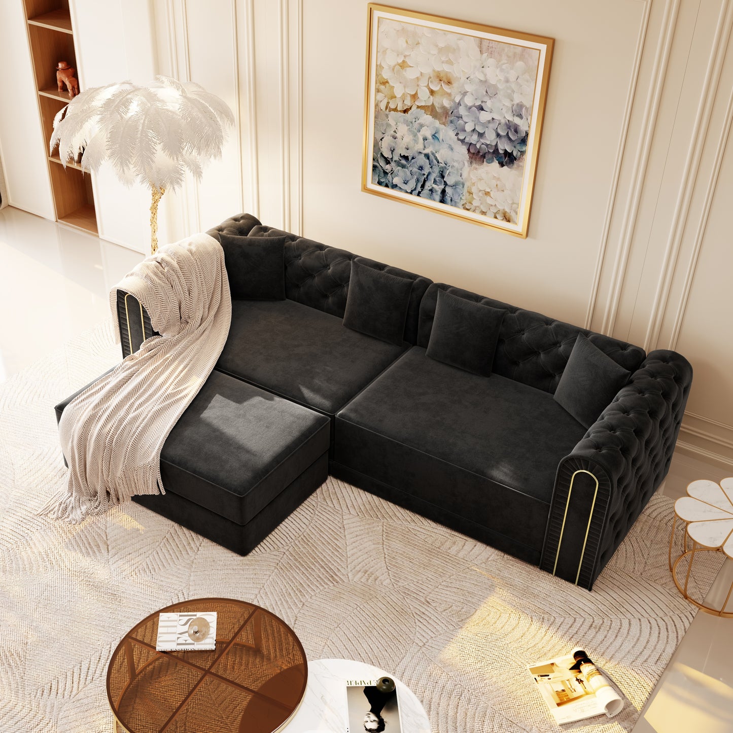 Black Velvet 3-Seat Sofa Bed - King Size for Living Room