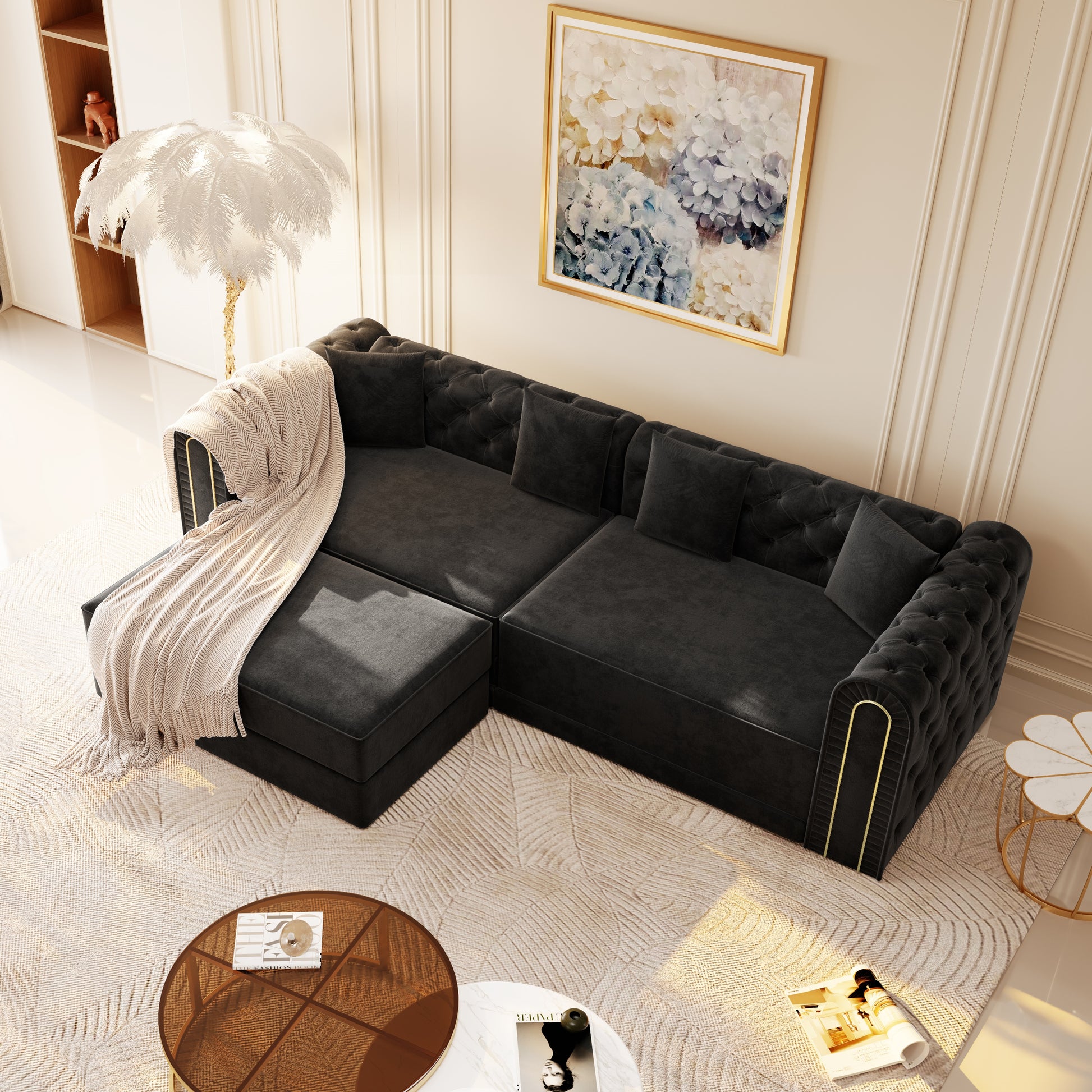 Black Velvet 3-Seat Sofa Bed - King Size for Living Room