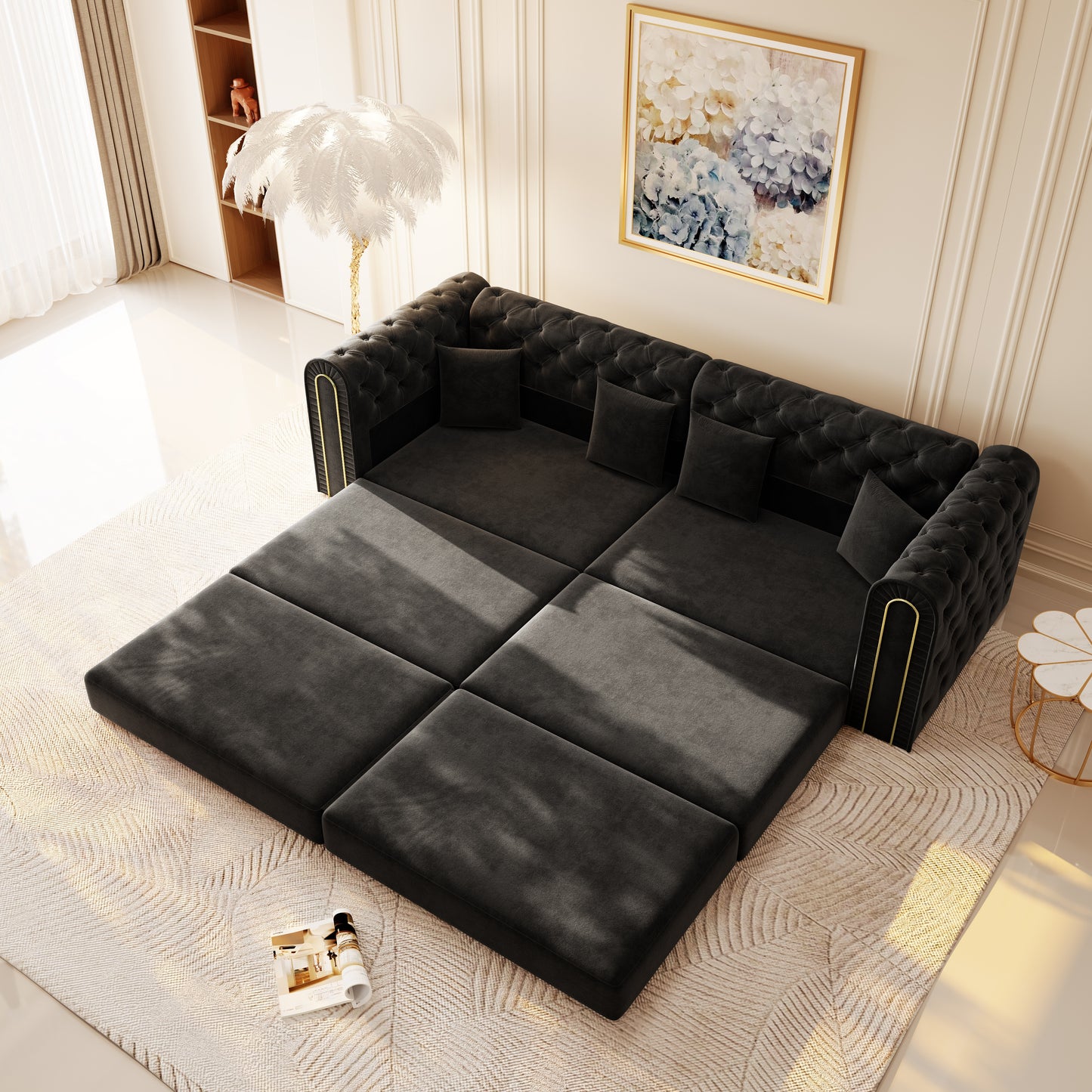Black Velvet 3-Seat Sofa Bed - King Size for Living Room