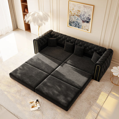 Black Velvet 3-Seat Sofa Bed - King Size for Living Room