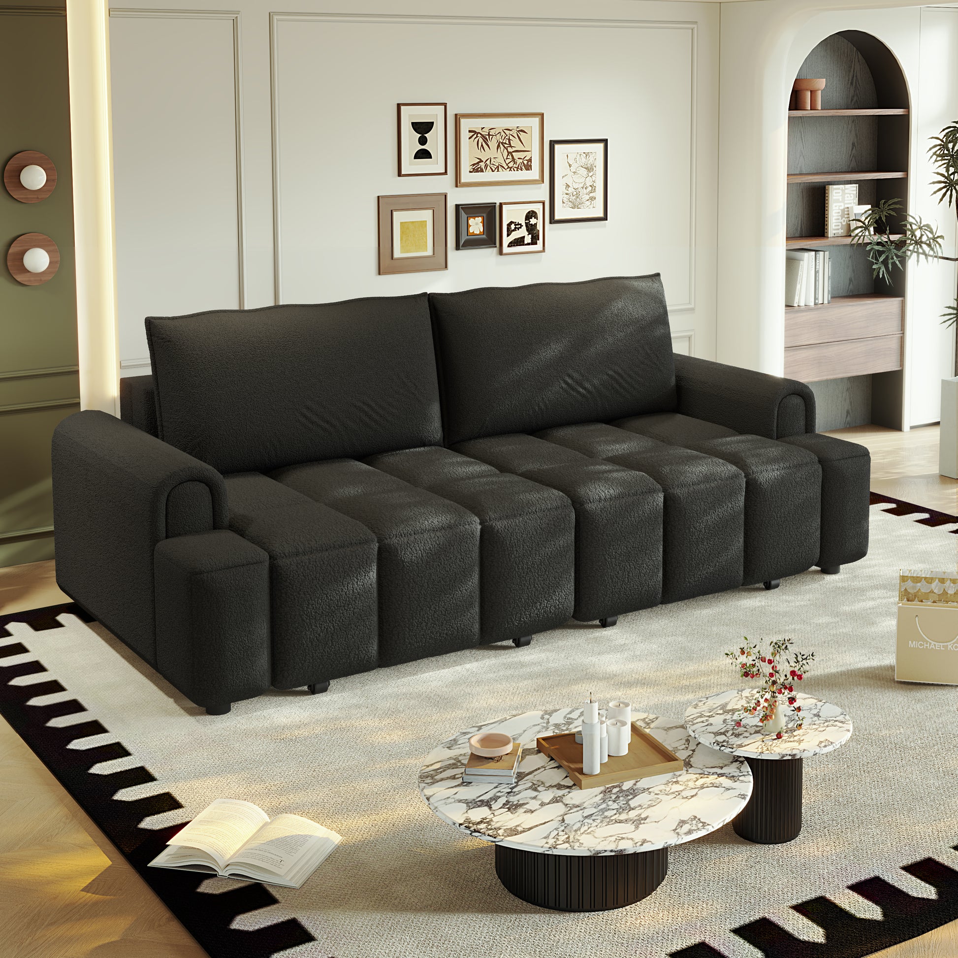 90.2" Comfy 4-Seater Modern Teddy Fabric Couch with Seats Storage, King Size 3-in-1 Convertible Sleeper Sofa Bed for Living Room,Office,Apartment,Black(Old SKU:W1885S00251)
