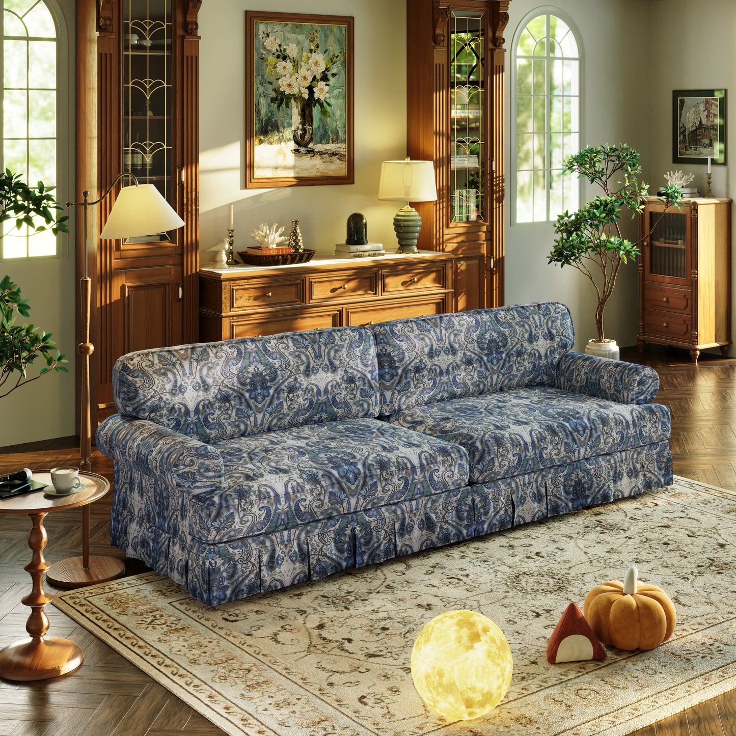 93.7"Luxuriously Comfortable 4-Seater Cloud Couch,Oxford Fabric Sofa with Elegant Rolled Arms & Pleated Skirt Design,26.4"Extra Deep Seat Mid Century Sofa for Apartment,Office,Blue Floral