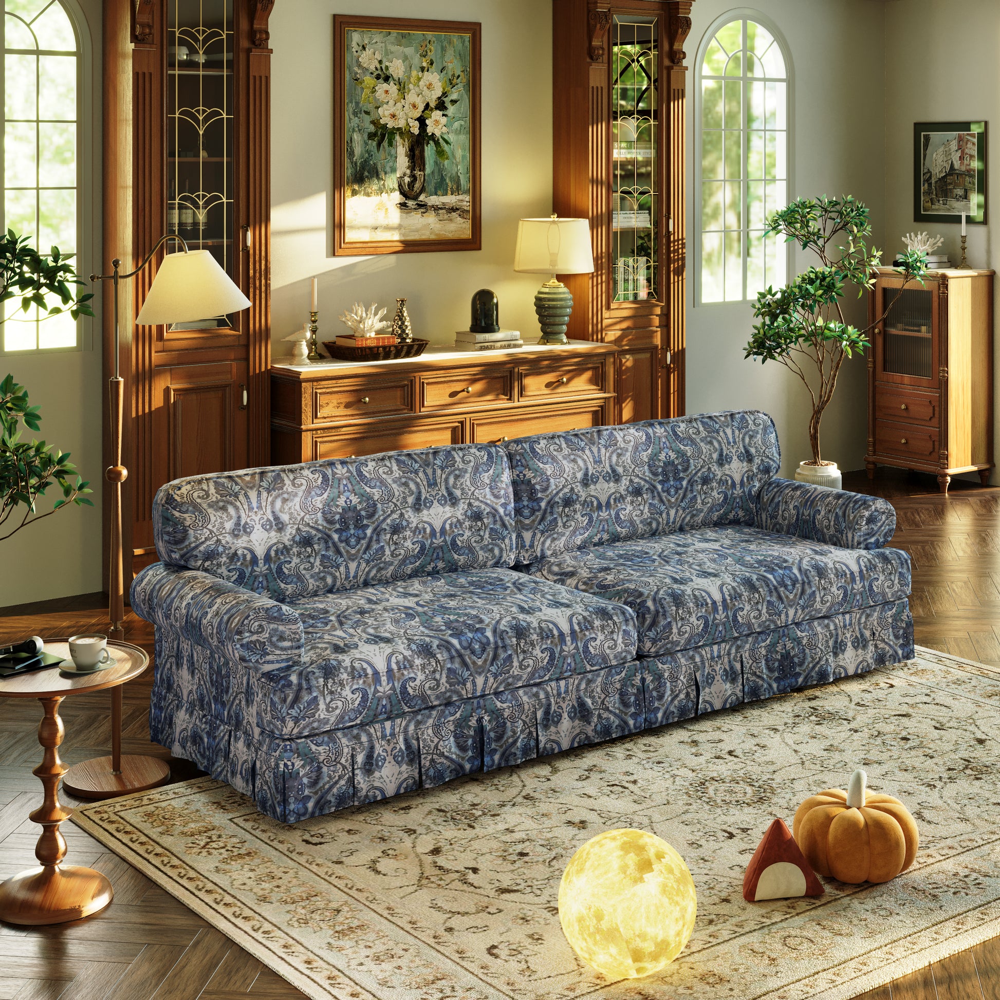93.7"Luxuriously Comfortable 4-Seater Cloud Couch,Oxford Fabric Sofa with Elegant Rolled Arms & Pleated Skirt Design,26.4"Extra Deep Seat Mid Century Sofa for Apartment,Office,Blue Floral