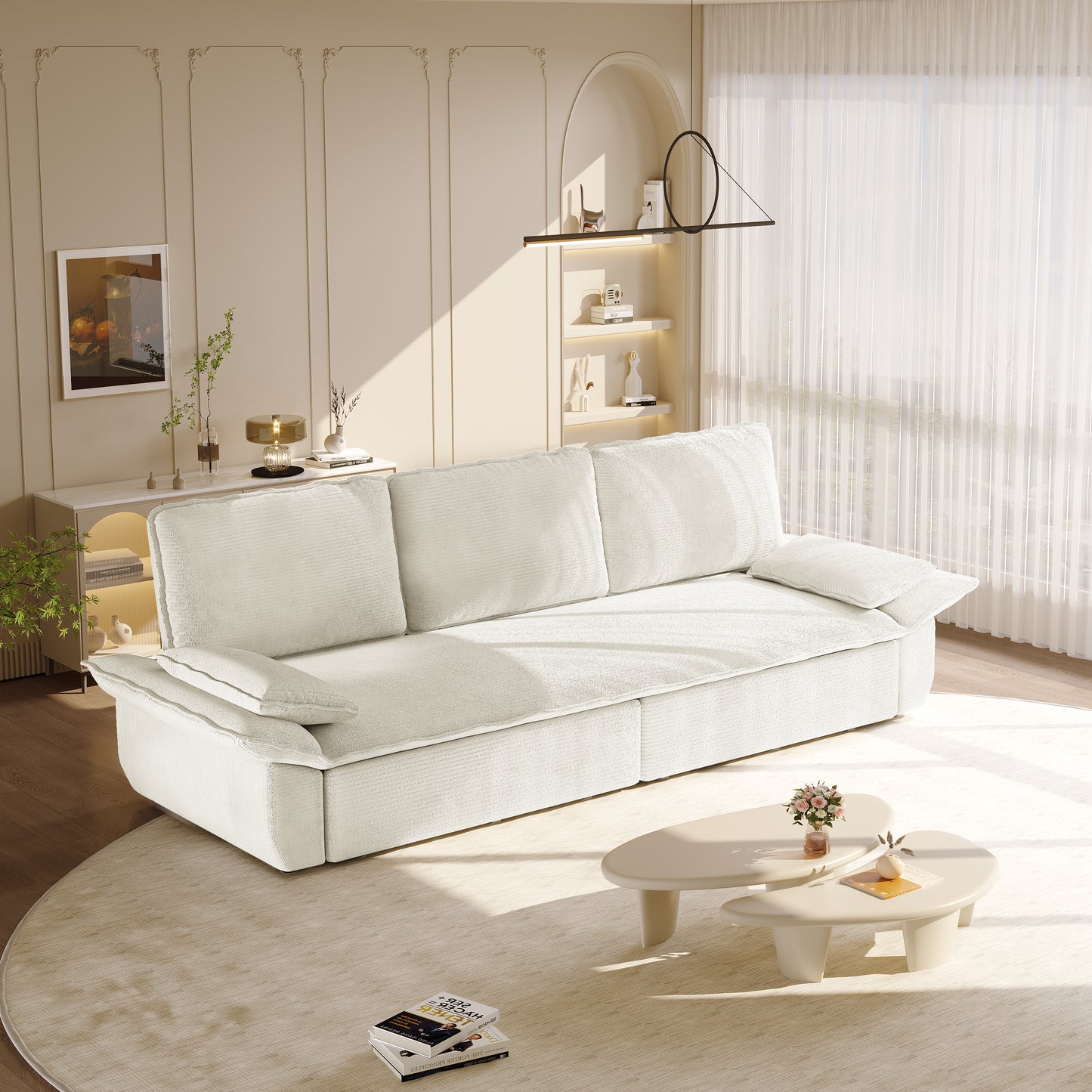 94.5"  king size   Pull Out Sofa Bed,3-in-1 Convertible Sleeper Sofa,Multi-Functional Corduroy  Bed, White