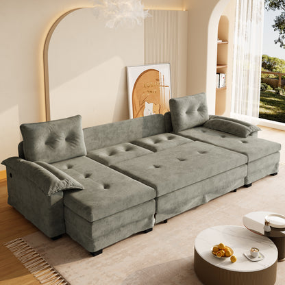 109.5" U-Shaped Sleeper Sofa - Light Grey Chenille for Living Room