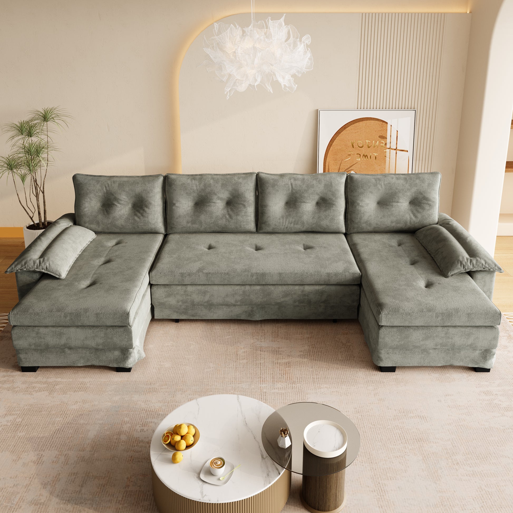 109.5" U-Shaped Sleeper Sofa - Light Grey Chenille for Living Room