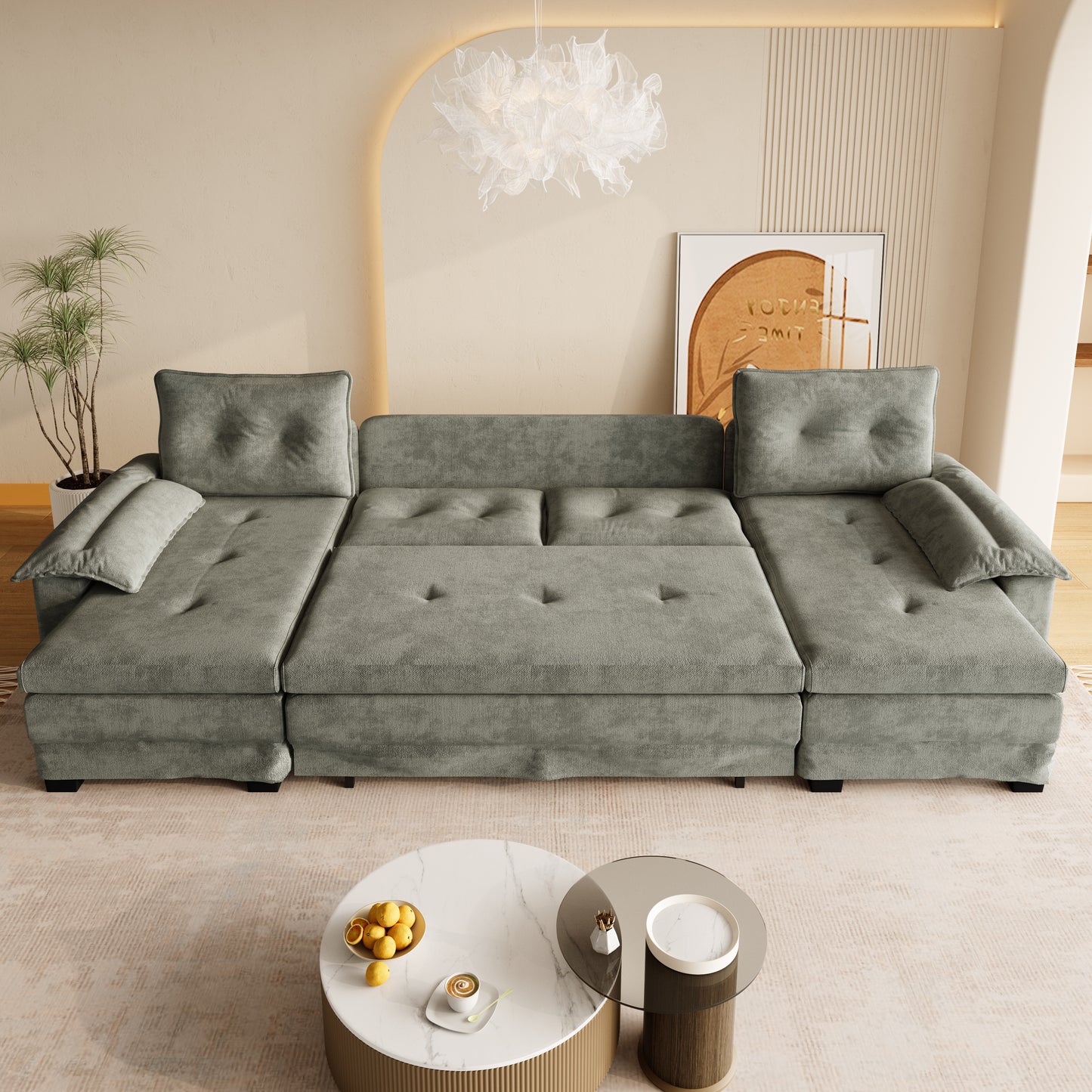 109.5" U-Shaped Sleeper Sofa - Light Grey Chenille for Living Room