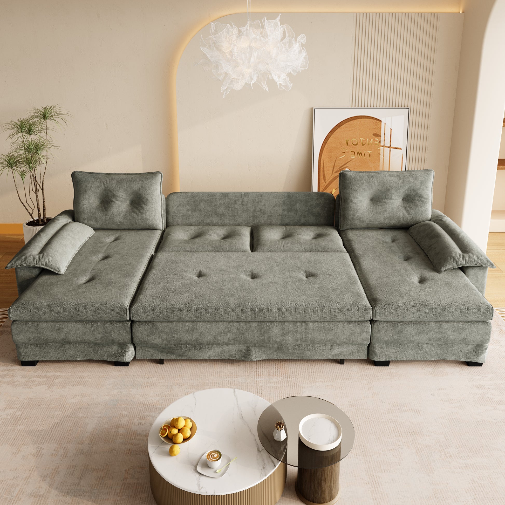 109.5" U-Shaped Sleeper Sofa - Light Grey Chenille for Living Room
