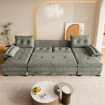 109.5" U-Shaped Sleeper Sofa - Light Grey Chenille for Living Room