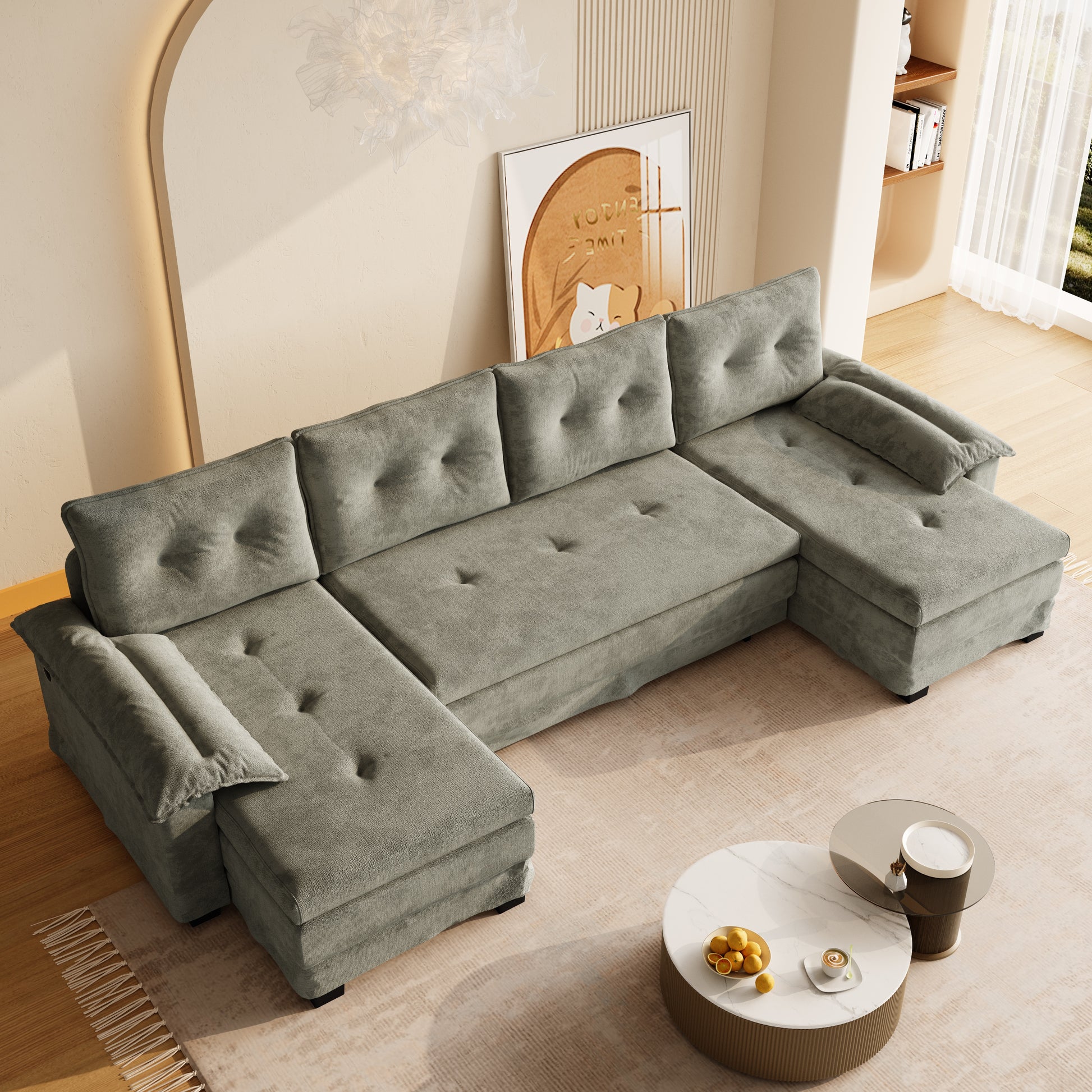 109.5" U-Shaped Sleeper Sofa - Light Grey Chenille for Living Room