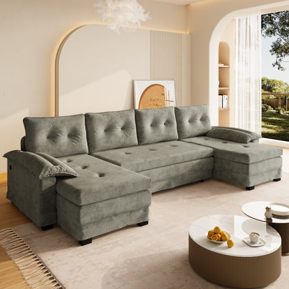 109.5" U-Shaped Sleeper Sofa - Light Grey Chenille for Living Room