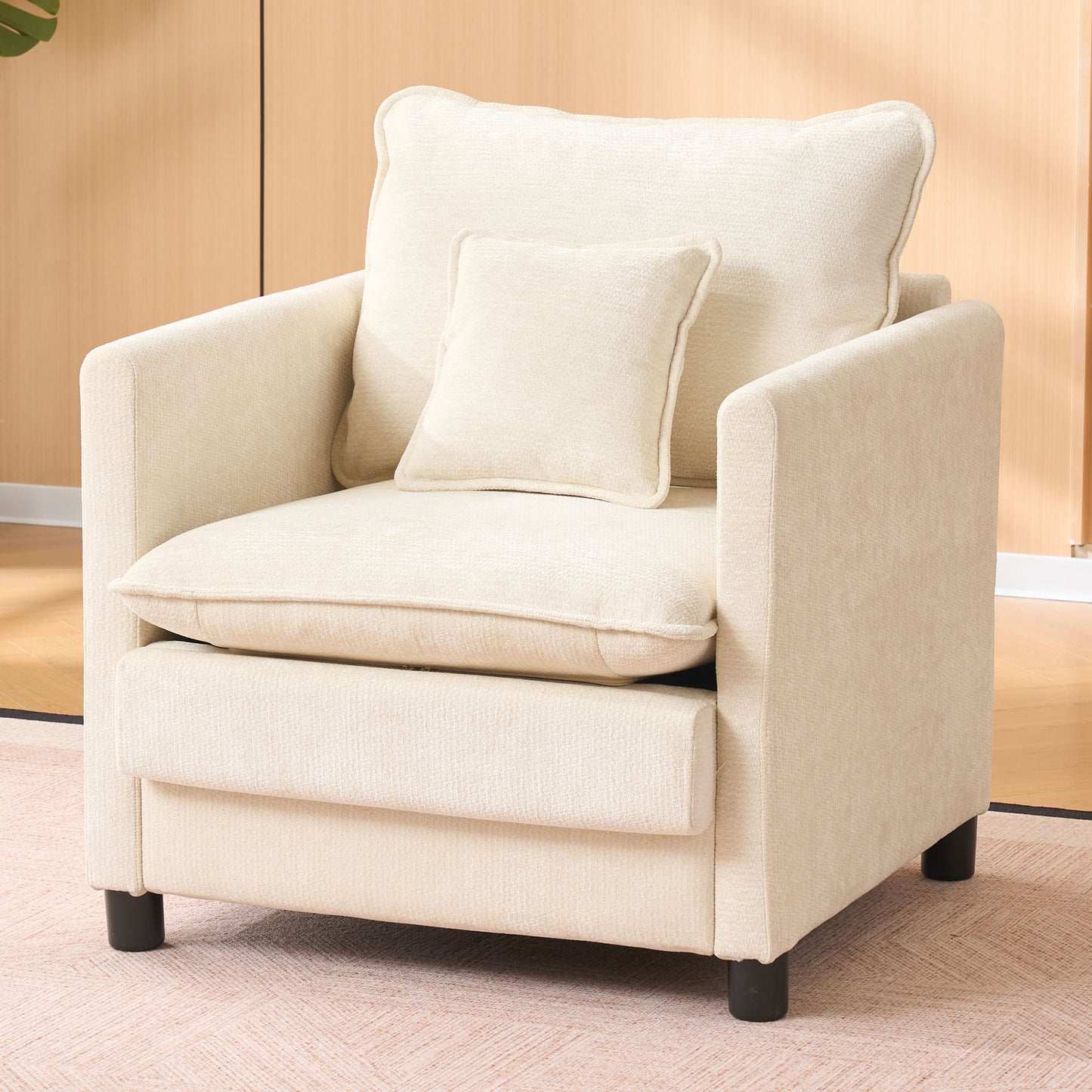 Comfy Living Room Sofa Chair Single, Modern Reading Armchair, Thick Padded Cushion with a 3-Pillow Comfort Set for Living Room, Bedroom, Indoor, Beige