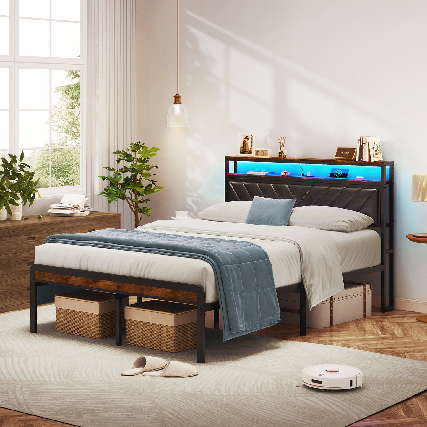 Full Size Metal Platform Bed Frame with Adjustable Upholstered Headboard, Charging Station, LED Lights, Noiseless, Black and Brown