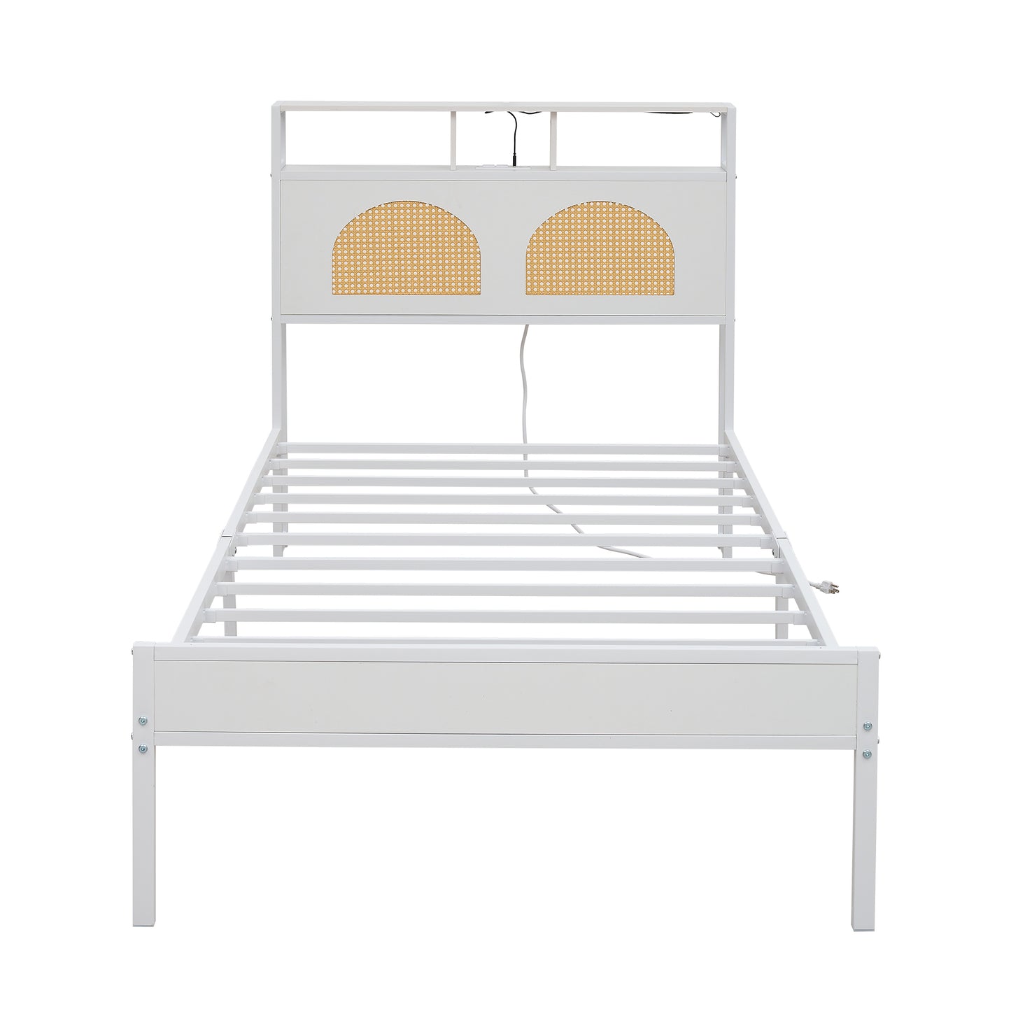 Twin Bed Frame with Headboard, Platform Bed with LED & Charging Station, the rattan-framed headboard exudes a classical charm, No Box Spring Needed, Noise Free, Easy Assembly, White