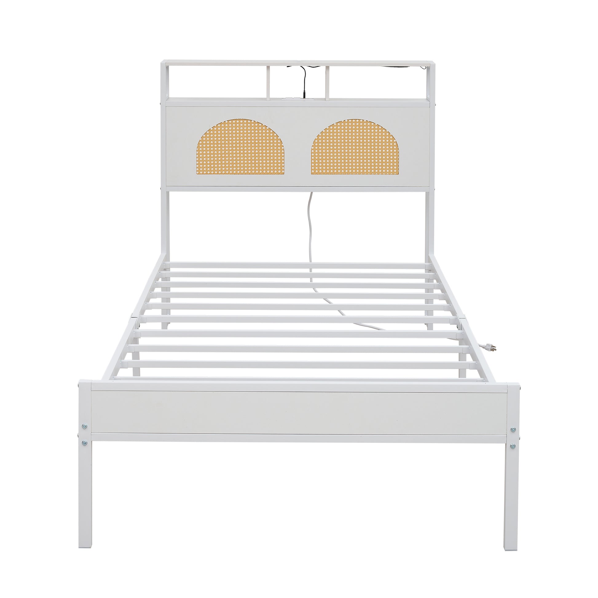 Twin Bed Frame with Headboard, Platform Bed with LED & Charging Station, the rattan-framed headboard exudes a classical charm, No Box Spring Needed, Noise Free, Easy Assembly, White