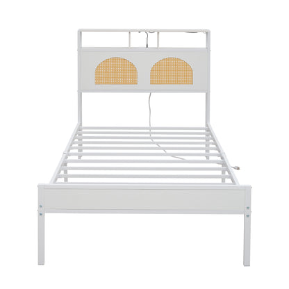 Twin Bed Frame with Headboard, Platform Bed with LED & Charging Station, the rattan-framed headboard exudes a classical charm, No Box Spring Needed, Noise Free, Easy Assembly, White