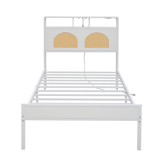 Twin Bed Frame with Headboard, Platform Bed with LED & Charging Station, the rattan-framed headboard exudes a classical charm, No Box Spring Needed, Noise Free, Easy Assembly, White