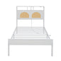 Twin Bed Frame with Headboard, Platform Bed with LED & Charging Station, the rattan-framed headboard exudes a classical charm, No Box Spring Needed, Noise Free, Easy Assembly, White