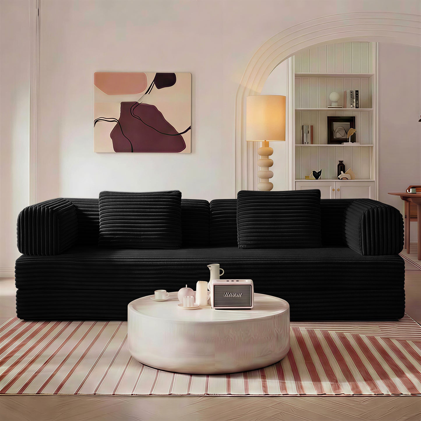 Compression Sofa,Convertible Floor Sofa Bed-with Pillow Back Support Armrest,Comfy Futon Couch Sleeper Bed,Loveseats Boneless Modular Sectional Sofa,Corduroy fabric,for Living Room,Bedroom,Black