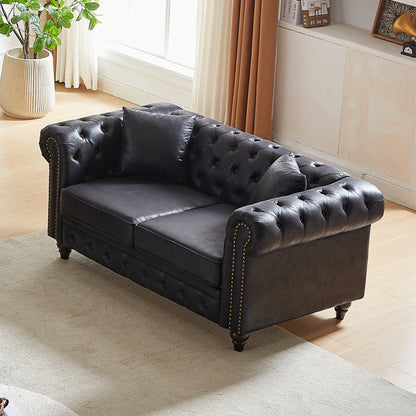 FX 63.5" Contemporary Design chesterfield sofa, Tech Fabric Button Design Living Room Sectional, Button Tufted with Nail Design Arms with 2 Pillows, Upholstered Upholstery and Wooden Legs