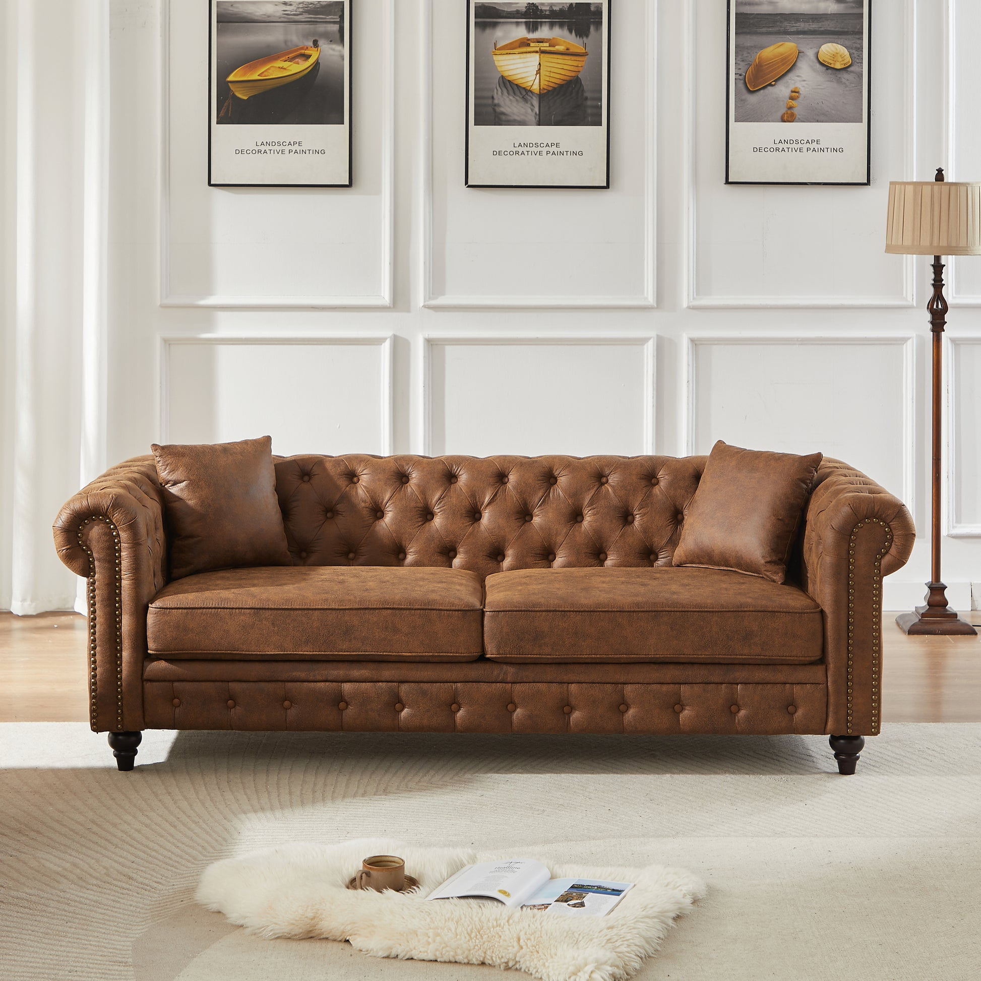 FX 85.5"Living Room with Tech Fabric Chesterfield Sofa with Rolled Arms 3 Seater Sofa with Button Design and 2 Cushions for Apartment, Office, Living Room W1926S00033