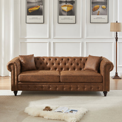 FX 85.5"Living Room with Tech Fabric Chesterfield Sofa with Rolled Arms 3 Seater Sofa with Button Design and 2 Cushions for Apartment, Office, Living Room W1926S00033