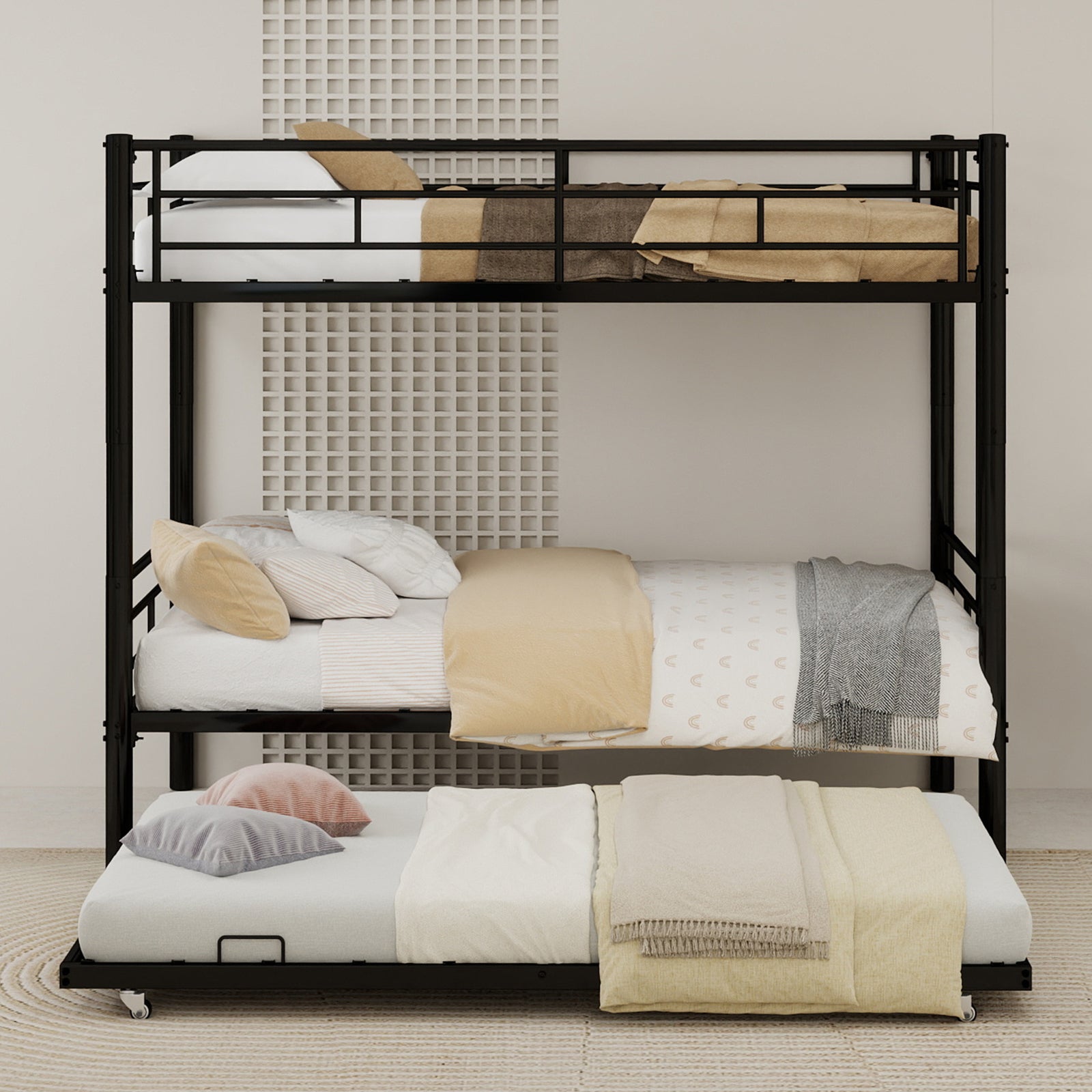 Twin Over Twin Bunk Bed - Black Metal Frame, No Box Spring Needed for Bedroom