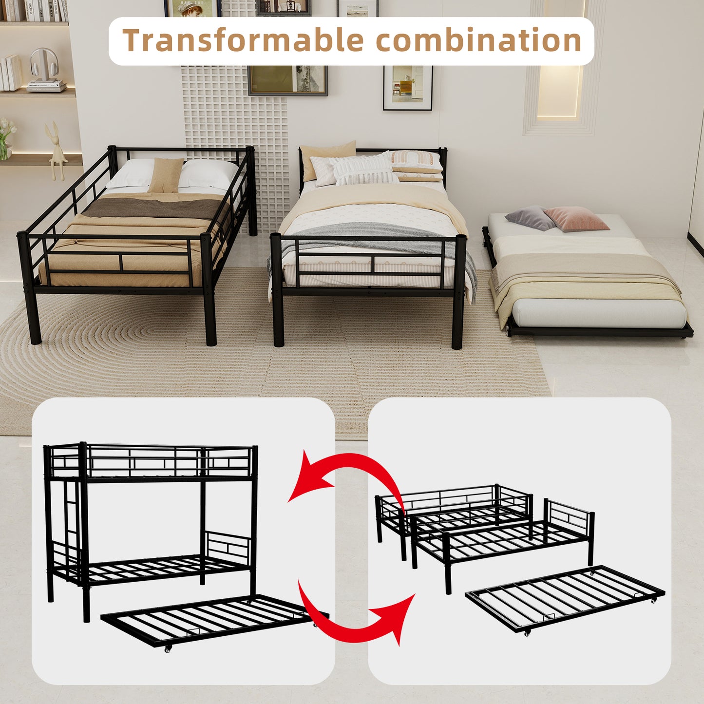Twin Over Twin Bunk Bed - Black Metal Frame, No Box Spring Needed for Bedroom