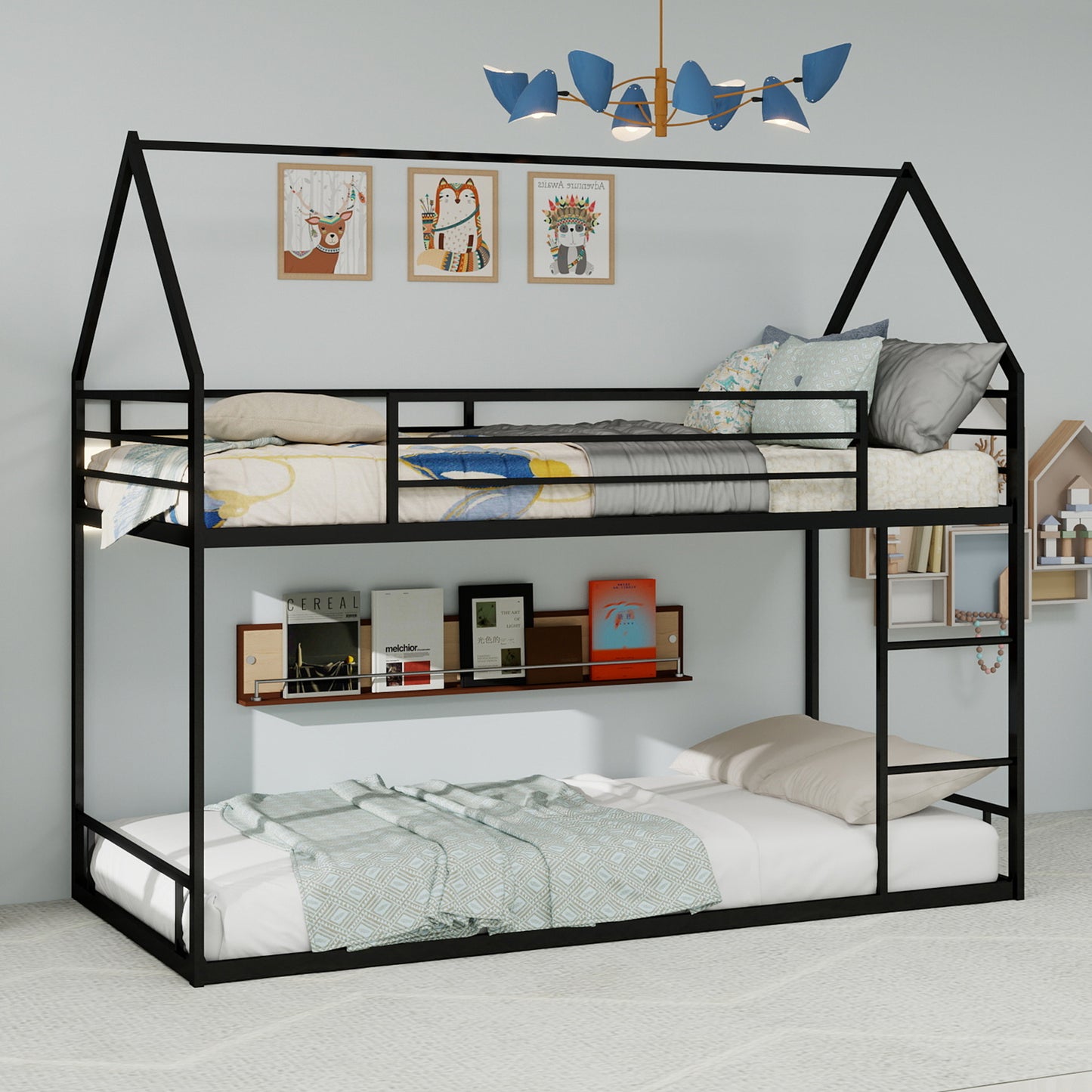 Twin Over Twin Bunk Bed Frame - Black Iron, No Box Spring Needed for Bedroom