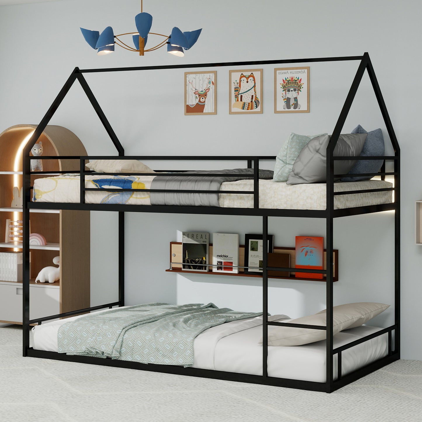 Twin Over Twin Bunk Bed Frame - Black Iron, No Box Spring Needed for Bedroom