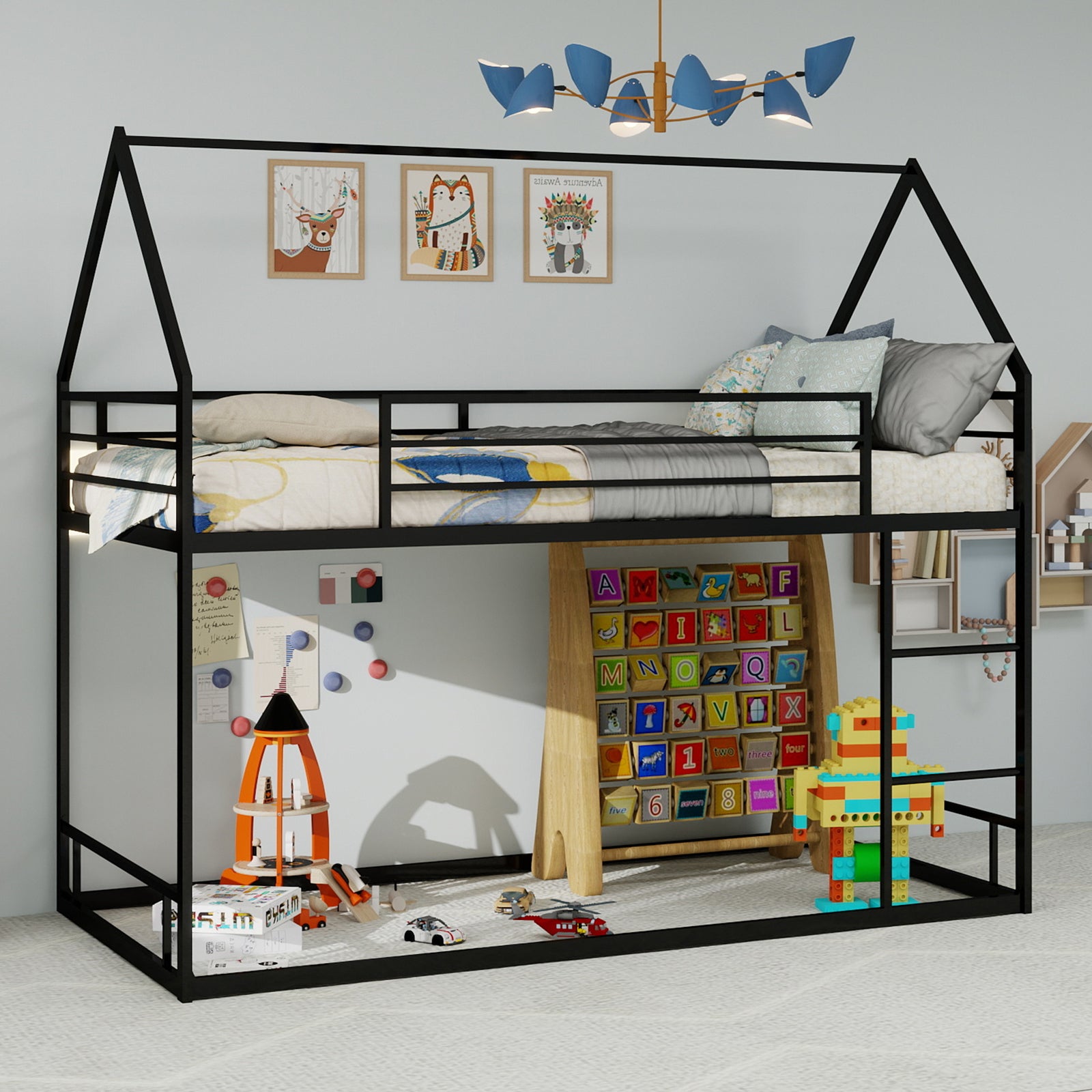 Twin Over Twin Bunk Bed Frame - Black Iron, No Box Spring Needed for Bedroom