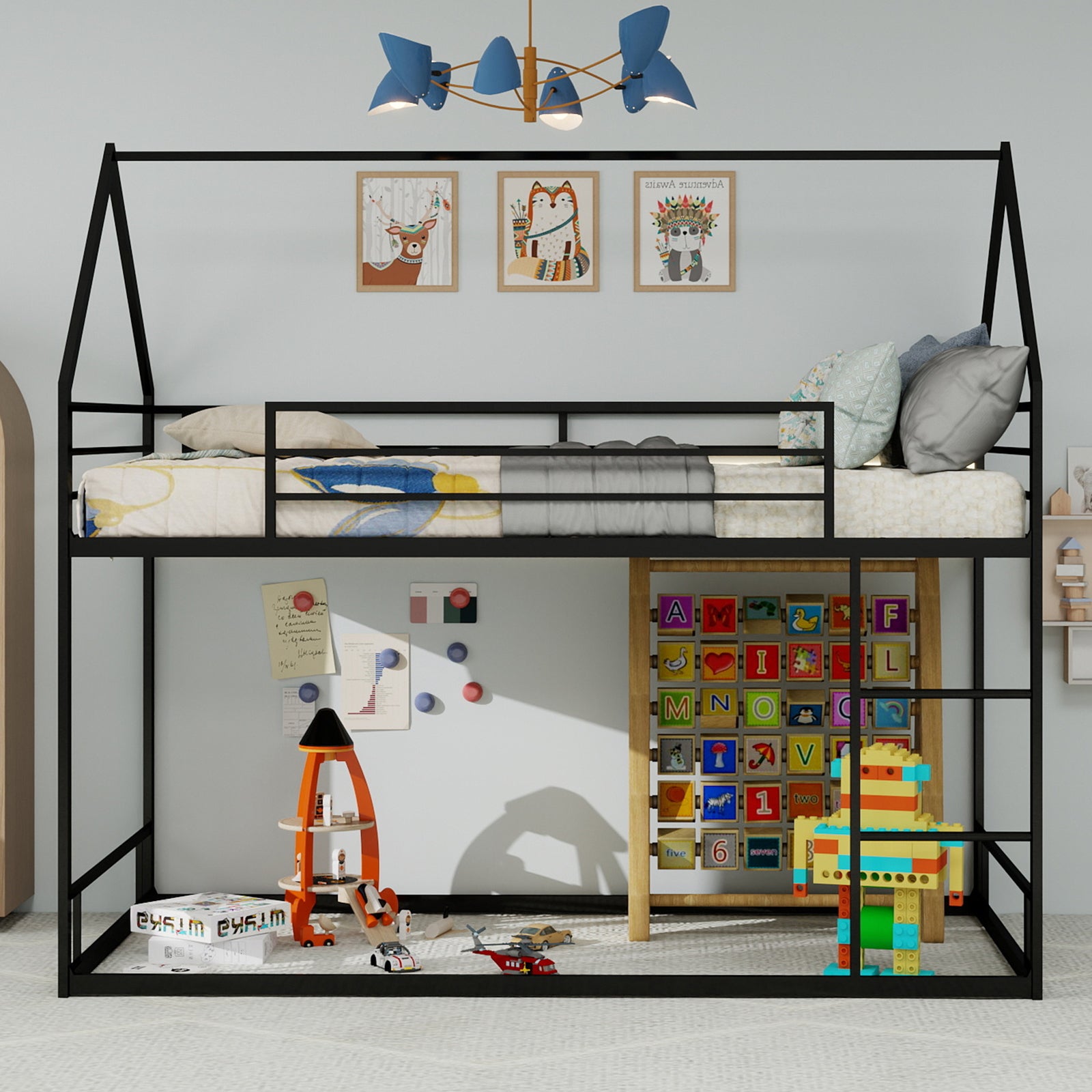 Twin Over Twin Bunk Bed Frame - Black Iron, No Box Spring Needed for Bedroom