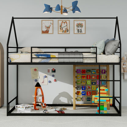 Twin Over Twin Bunk Bed Frame - Black Iron, No Box Spring Needed for Bedroom