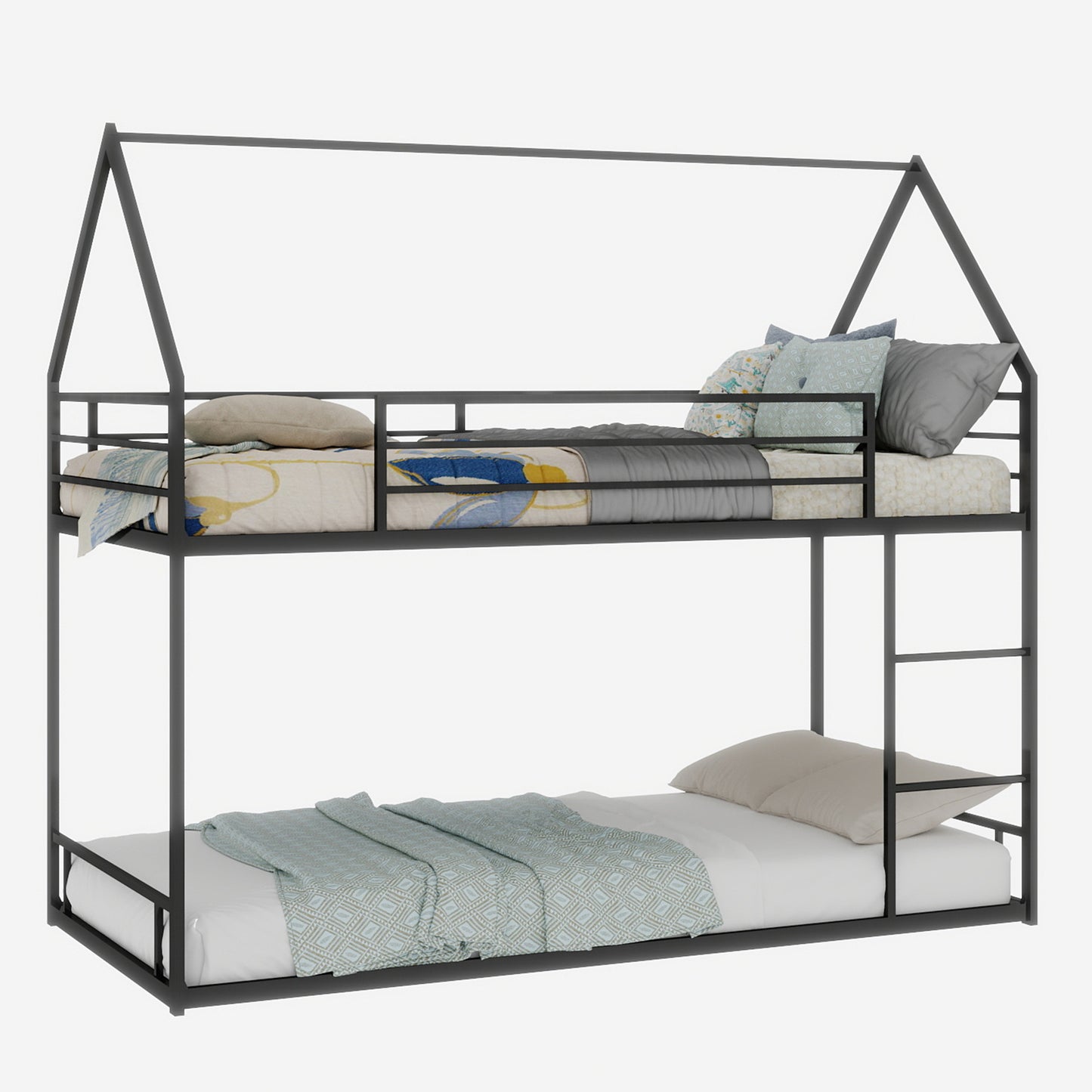 Twin Over Twin Bunk Bed Frame - Black Iron, No Box Spring Needed for Bedroom