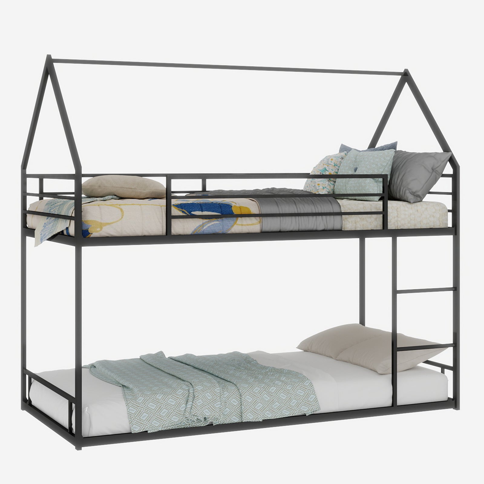 Twin Over Twin Bunk Bed Frame - Black Iron, No Box Spring Needed for Bedroom