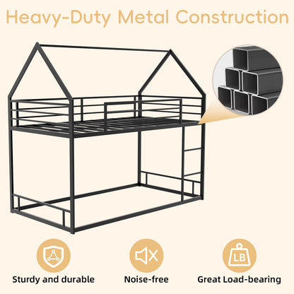 Twin Over Twin Bunk Bed Frame - Black Iron, No Box Spring Needed for Bedroom