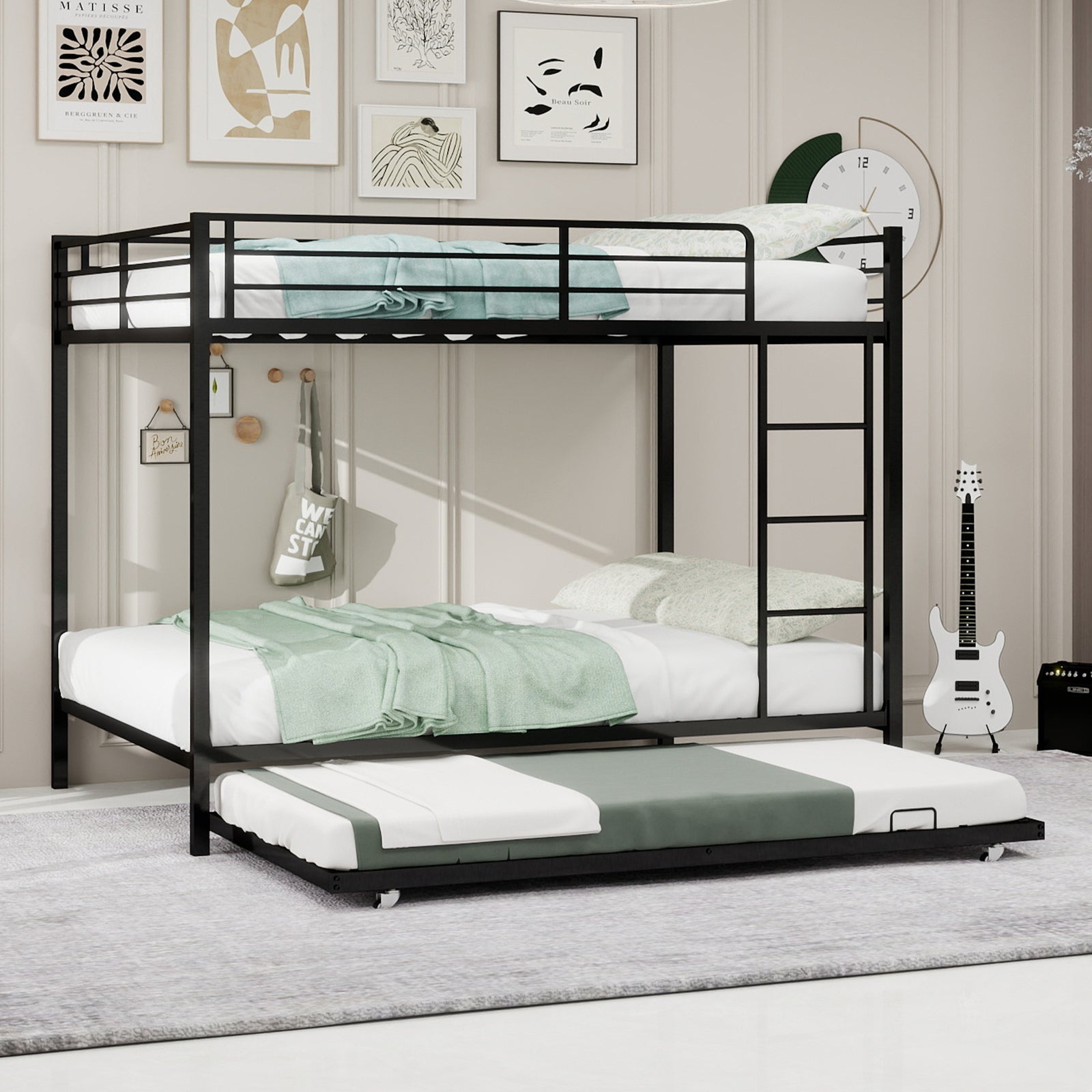 Full Size Iron Bunk Bed with Trundle - Black