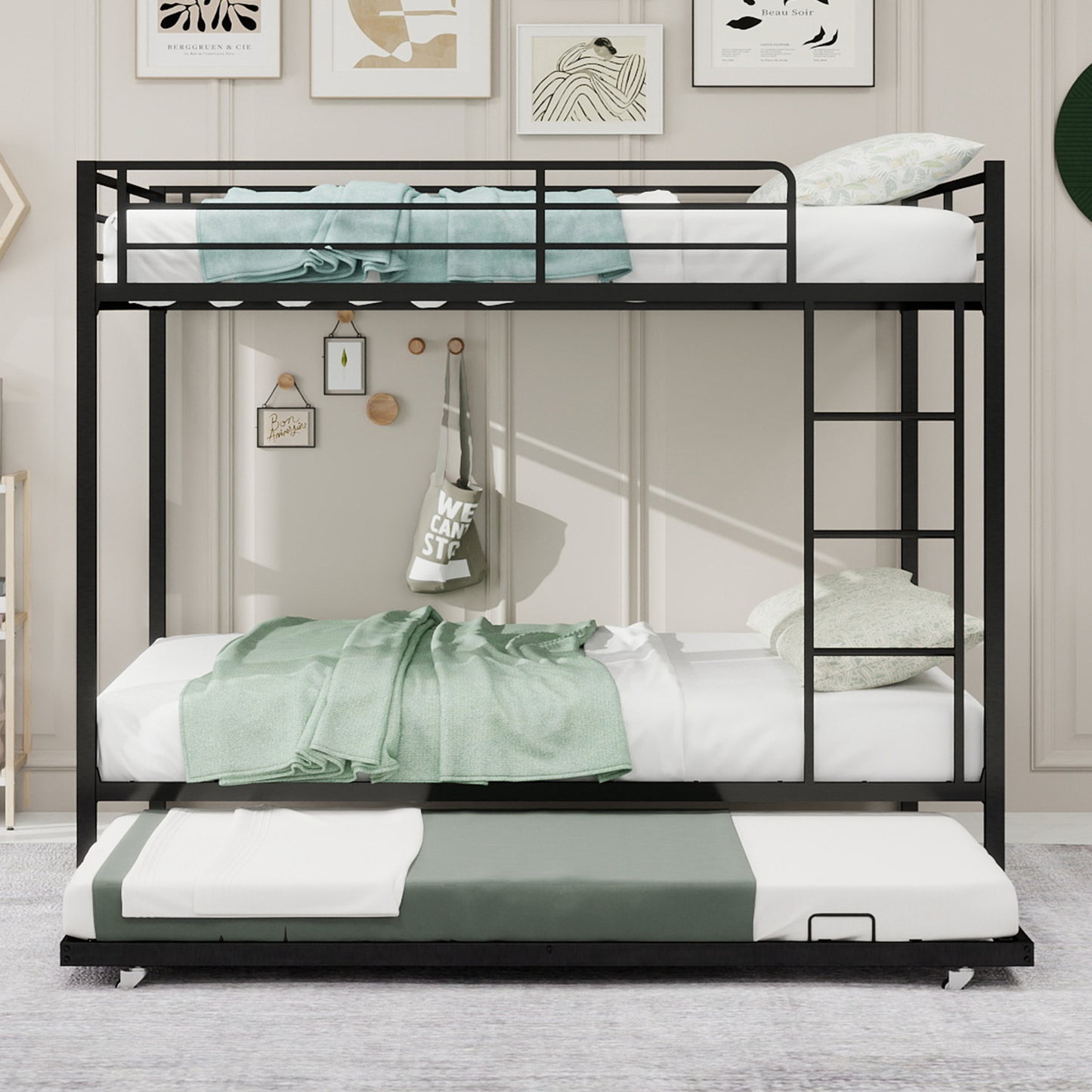 Full Size Iron Bunk Bed with Trundle - Black