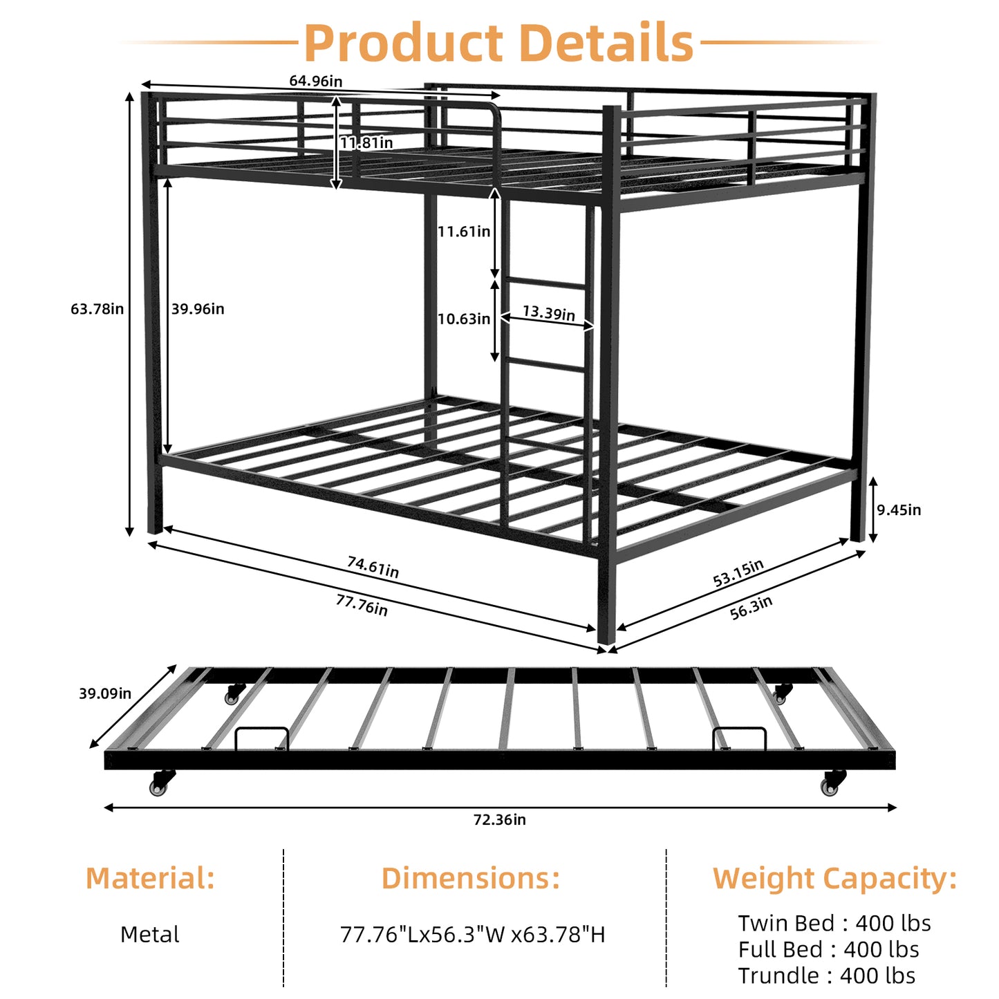 Full Size Iron Bunk Bed with Trundle - Black