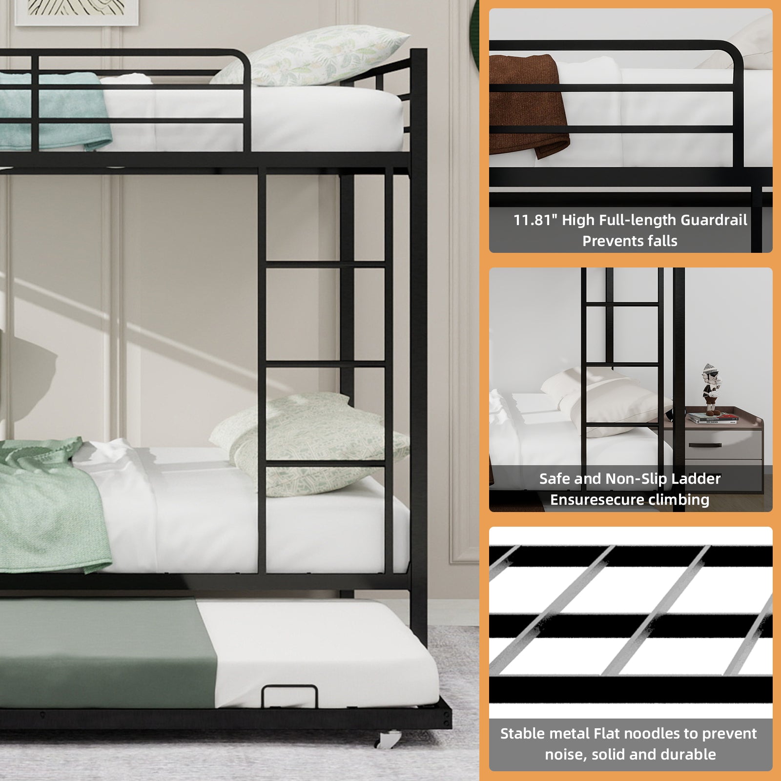 Full Size Iron Bunk Bed with Trundle - Black