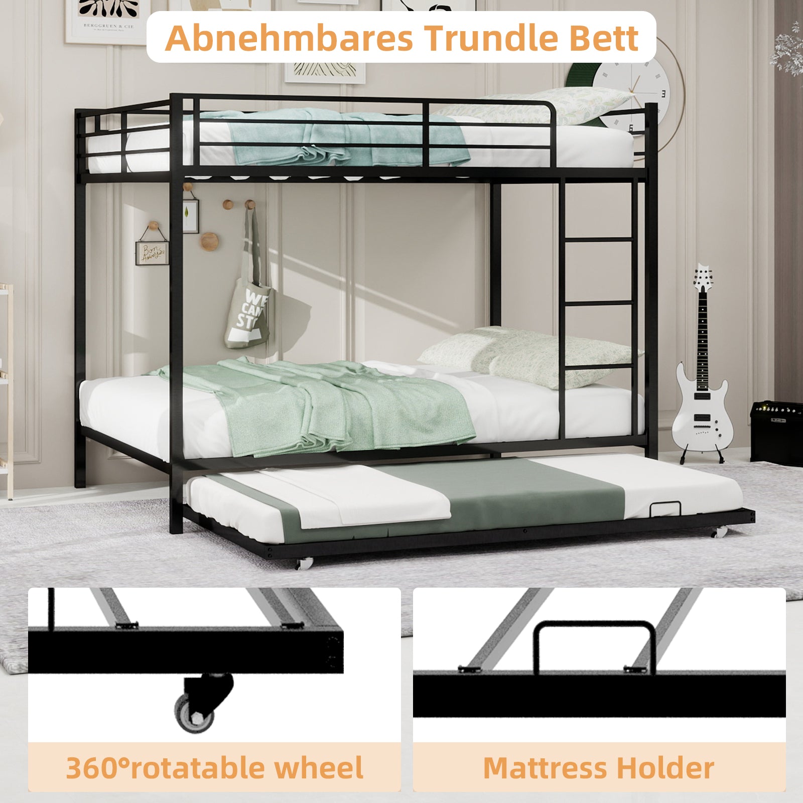 Full Size Iron Bunk Bed with Trundle - Black